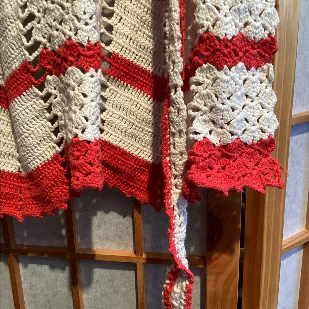Vintage Handmade Cream and Red Stripe Crochet Half Apron